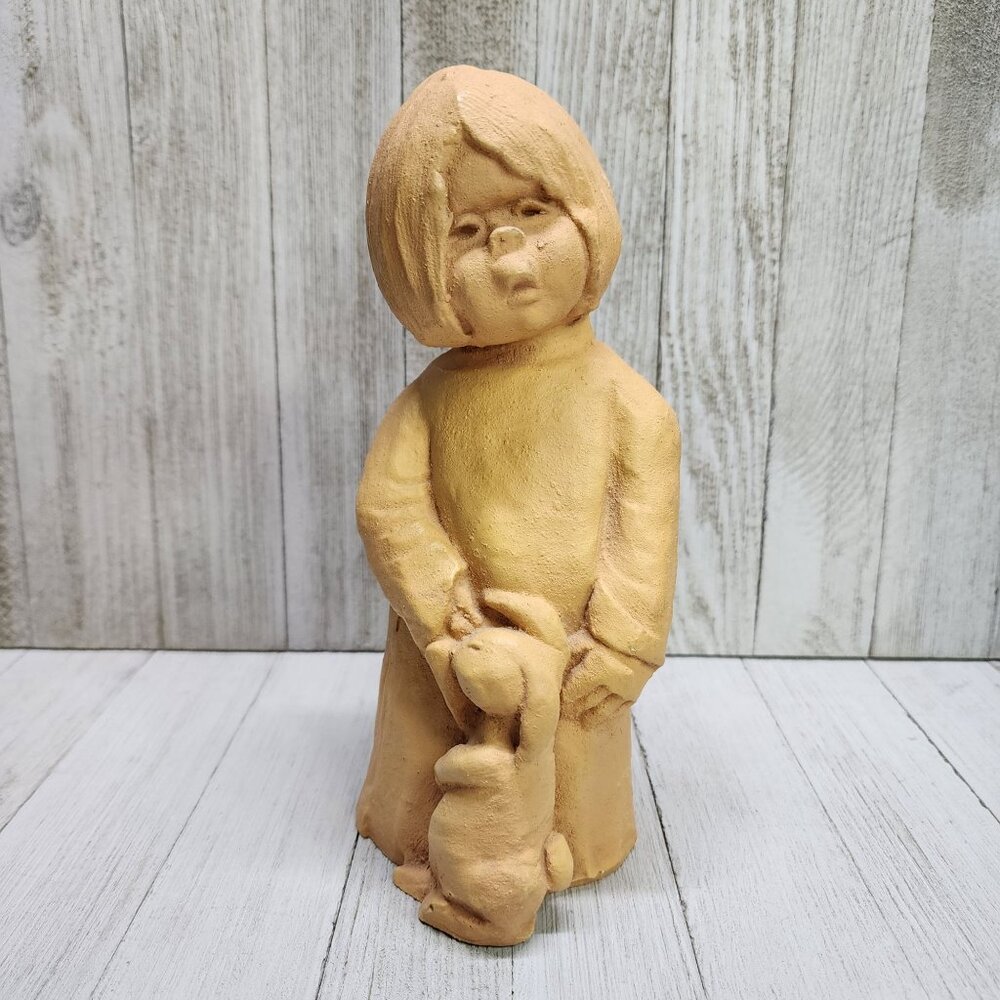 Vintage Dave Grossman Clay Sculpture Figurine Girl with Bunny Rabbit 8'' Tall